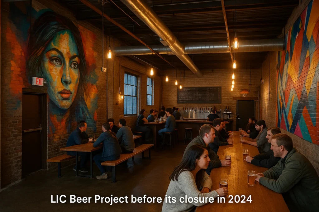 LIC Beer Project taproom before its 2024 closure, featuring guests enjoying craft beers beneath urban murals